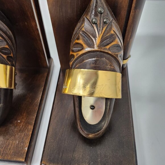 Vintage Normandie Wood Clog Shoes Design Bookends Pair Brown Rustic Primitive - Picture 8 of 13